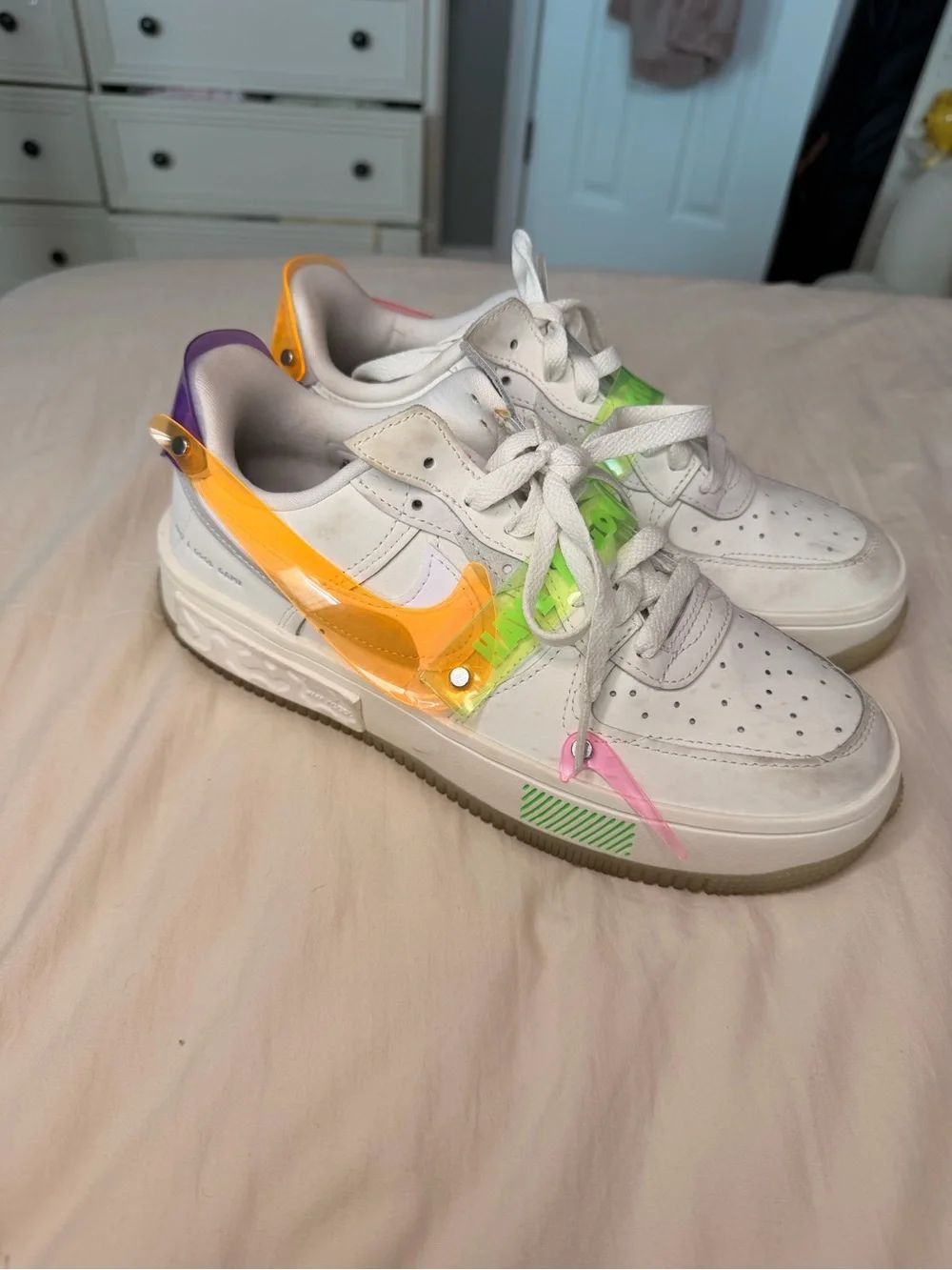 Nike White Sneakers with Neon Pink, Green, Purple, and Orange Accents